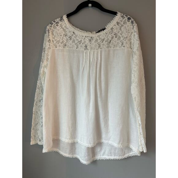 Lungo L'arno Tops - Lungo L'Arno Italy Women White Linen Lace Crochet Trim Blouse LS Top SZ M